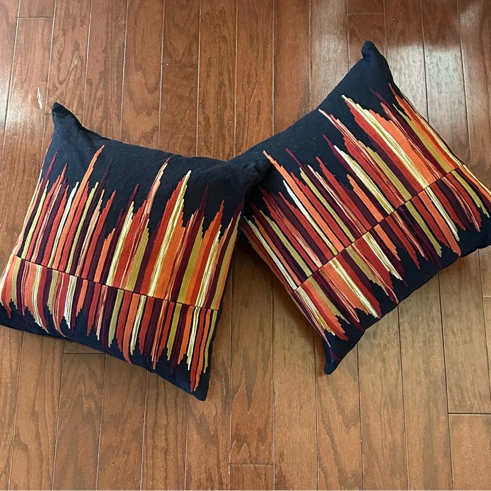 Crate & Barrel Black Red Embroidered Accent Pillows‎ Striking Design Set of 2